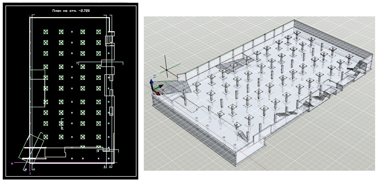 План этажа и модель подземной автостоянки