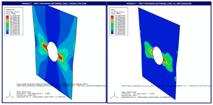 Расчет излома волокна (выделено красным) в результате анализа в Abaqus PFA (слева) и Helius:MCT (справа)