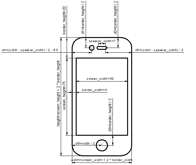 Чертеж смартфона с размерными ограничениями в BricsCAD